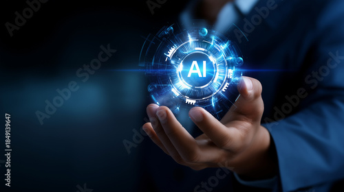 Artificial intelligence SEO optimization and digital marketing visualization with glowing AI icons, automated strategy tools, futuristic interface, with copy space