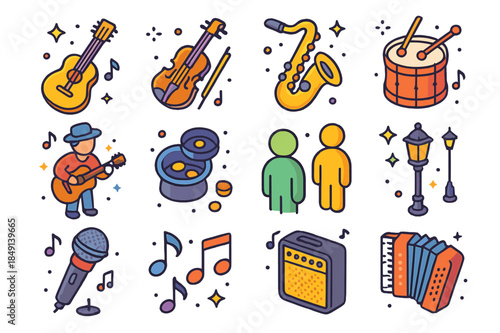 Street Musician Icons Set. Street musician playing instrument. Colorful isometric vector icons set of street musician playing instrument: guitar, violin,