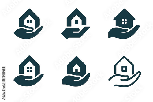 Caring Hand Logos. Assisted living support. Set Logo of Assisted living support: caring hand cradling home. harmonious logo variations of the same emblematic
