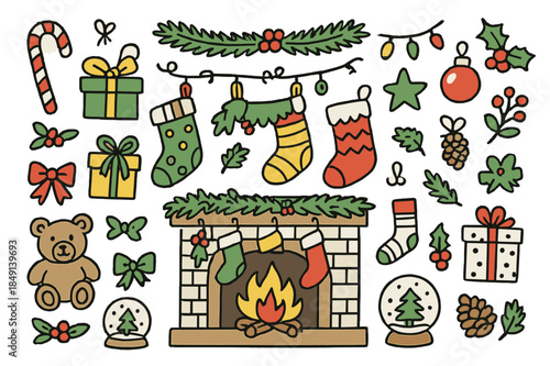 Festive Christmas Doodles. Holiday cheer. Hand-drawn doodle illustration Christmas stockings (colored), fireplace (colored), mantel (colored), candy canes