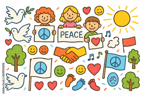 Colorful Peaceful Protest. Peaceful protest. Colorful Hand-drawn doodle Children illustration Peaceful protest signs, doves, banners, hearts, smiling faces,
