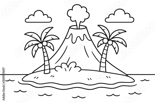 Island Volcano Coloring. Island volcano children?s coloring book illustration, outlined drawing, a peaceful cone-shaped volcano on a tiny island with palm