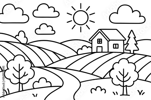 Farmhouse Coloring Page. Countryside landscape children?s coloring book illustration, outlined drawing, rolling hills with a small farmhouse and trees,