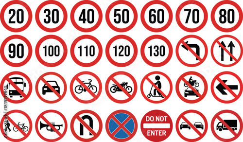 A comprehensive collection of international road signs featuring speed limits and prohibitions