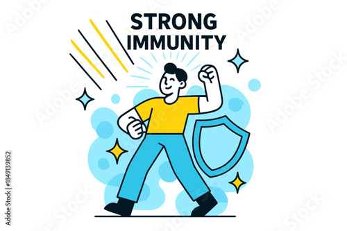 Strong Immunity Illustration. Immune System Support. Sunlight beams strike a figure surrounded by shield and sparkle icons. ?Strong Immunity? glows above