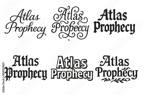 Creative Lettering Grid. Atlas Prophecy. Set lettering. harmonious lettering variations of the same emblematic concept, each with different artistic