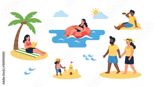 Relaxing Vacation Scene with People Engaged in Beach and Water Activities