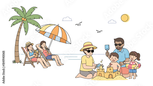 Family vacation at the beach with sunbathers and sandcastle building kids
