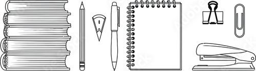 White line art of neat book pencil pen notebook paper clip stapler office supply set