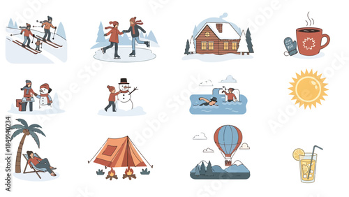 Relaxing outdoor summer activities at the beach and countryside with leisure equipment and nature scenery