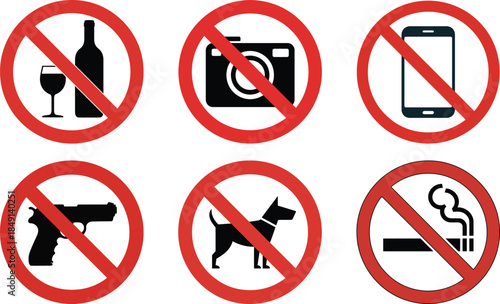 A collection of six common prohibition signs indicating public regulations and warnings