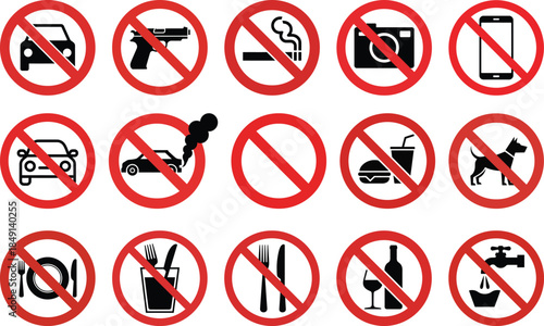 A set of various prohibition signs illustrating rules and regulations