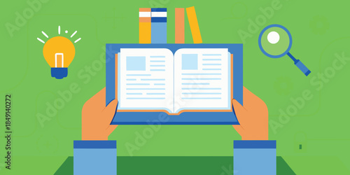 Open book lightbulb and magnifying glass representing knowledge and learning concepts