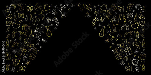 A whimsical doodle illustration of christmas elements on a black background