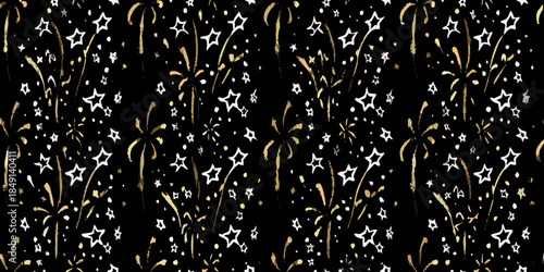 Golden fireworks and stars sparkle against a dark night like background