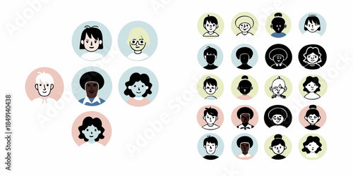 Diverse group of illustrated faces within oval frames showcasing varied hairstyles and skin tones