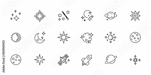 Collection of minimalist celestial icons including planets stars moons and rockets