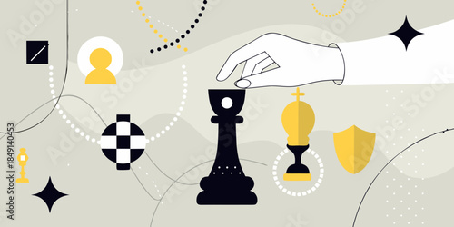 Strategic game concept with chess pieces hand and abstract geometric elements