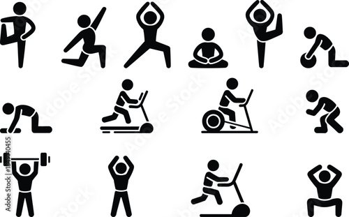 A diverse collection of fitness and exercise icons representing various workout activities