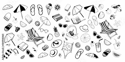 A collection of hand drawn summer items beach accessories and tropical fruits