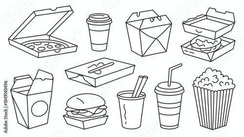 Black and White Illustration of Takeout Food and Drinks