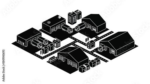 Isometric illustration of a small town with buildings roads and simple architectural structures
