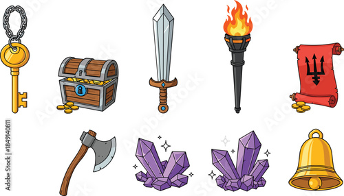 Fantasy RPG Game Icons Set with Weapons Treasure Magic Crystals Torch Scroll and Medieval Adventure Elements