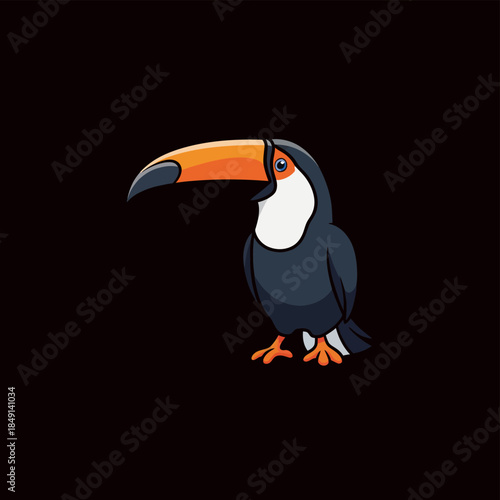 Cute cartoon toucan bird with a large orange beak and black body standing on a dark background.