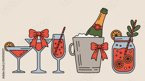 Festive Holiday Drinks with Red Ribbons and Citrus Garnishes