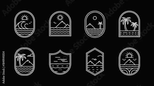 Minimalist Beach and Mountain Icon Set in White Line Art