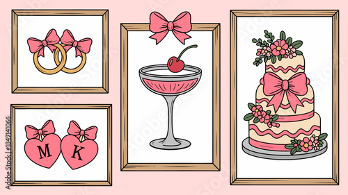 Romantic Wedding Illustration with Rings, Cocktail, and Cake
