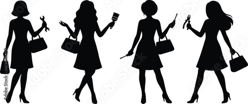 Women with tools and handbags icon set, black silhouette illustration of empowerment, versatility, and gender role concept graphic
