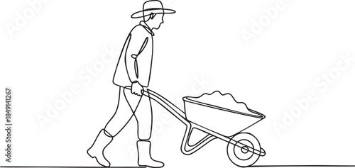 One line drawing of a farmer walking while pushing a wheelbarrow in a minimalist continuous line art style, clean rural work vector illustration