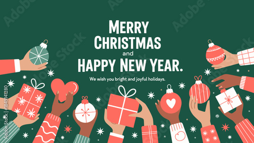 Festive Holiday Greeting Card with Christmas Gifts and New Year Wishes