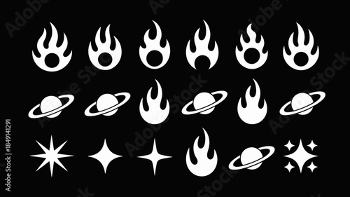 Space Icons Set: Planets, Stars, and Comets in Minimalist Style