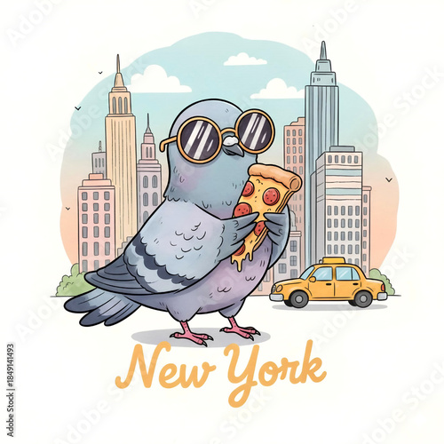 Cute Cool Pigeon Wearing Sunglasses Eating Pizza in New York City Skyline - Fun Urban Bird Illustration