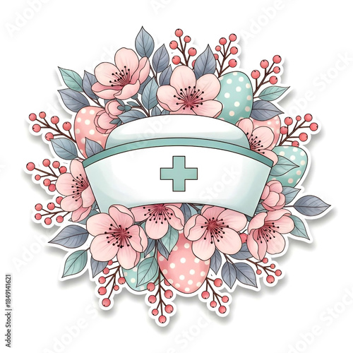 Whimsical Nurse Cap Wreath Vector with Pink Cherry Blossoms, Polka-Dot Easter Eggs, Red Berries & Lush Green Leaves for Spring Medical Art