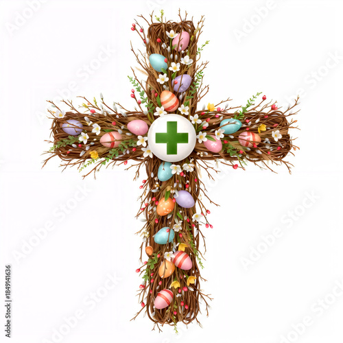 Rustic Twig Easter Cross Vector with Pastel Eggs, White Blossoms, Red Berries & Central Green Medical Cross for Spiritual Healthcare Art