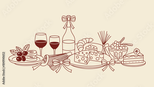 Festive Food and Drink Illustration with Wine, Cheese, and Desserts