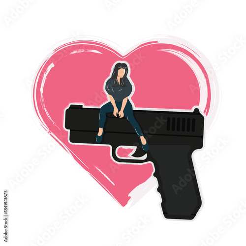 Conceptual vector illustration showing a woman sitting on a gun in front of a heart shape, symbolizing toxic love, emotional pain, relationship danger, and the destructive side of romance