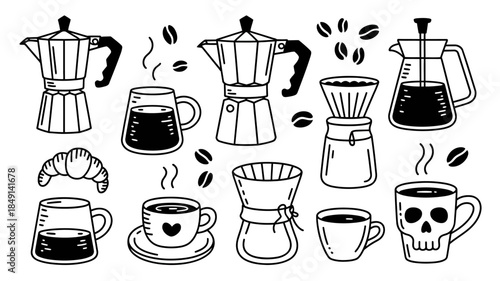 Black and White Coffee Brewing Equipment and Drinks Illustration