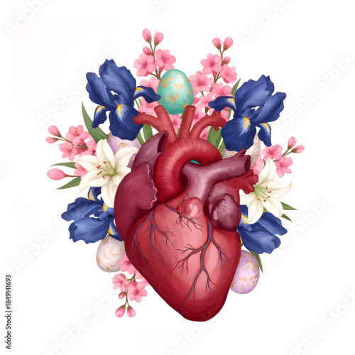 Anatomical Human Heart Surrounded by Flowers and Easter Eggs - Spring Renewal Love Illustration