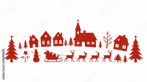 Festive Christmas Scene with Santa, Reindeer, and Village Silhouettes