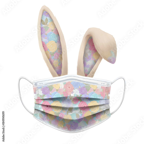 Adorable Pastel Floral Bunny Ears Surgical Mask Vector with Whimsical Rose Patterns and Fluffy Ears for Easter Spring Fun Illustrations