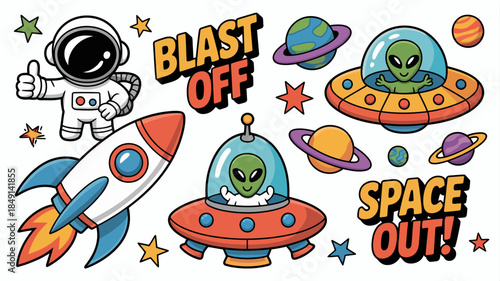 Fun Space Adventure with Astronaut, Aliens, and Rockets