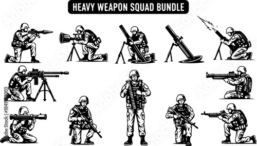 Heavy Weapon Squad Military Silhouette Illustration Set