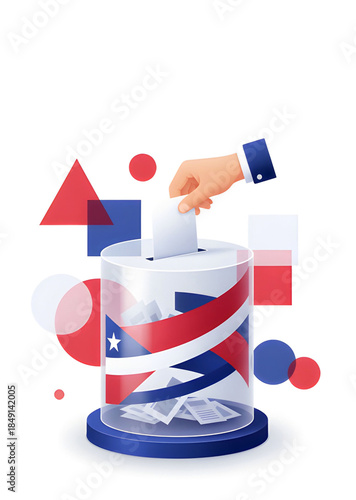 Abstract Patriotic Hand Dropping Ballot into Transparent USA Flag-Inspired Ballot Box with Red White Blue Geometric Shapes - Modern Voting Election Graphic