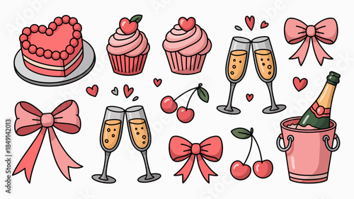 Valentine's Day Celebration with Pink Cupcakes, Champagne, and Cherries