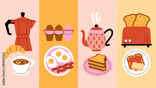 Colorful Breakfast Icons Featuring Coffee, Pastries, and Toast