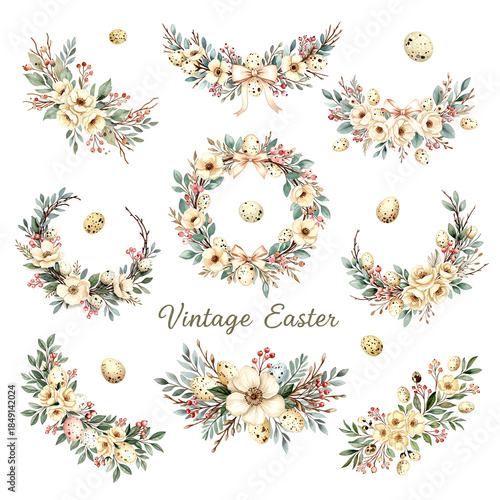 Vintage Easter Watercolor Elements Collection: Whimsical Wreaths, Garlands with Speckled Eggs, Delicate Blooms, Berries & Satin Bows for Spring Charm
